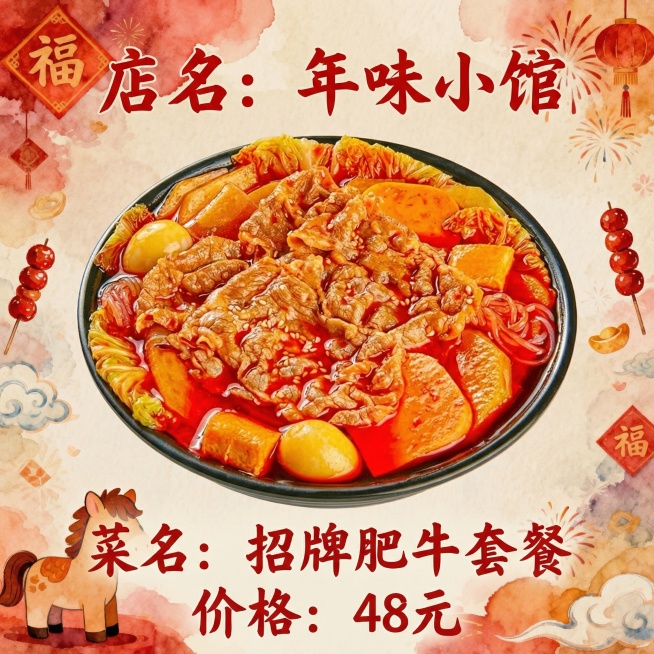 以图1为背景，将图4的肥牛套餐放置在画面中央，添加文字“店名：年味小馆”“菜名：招牌肥牛套餐”“价格：48元”，文字采用喜庆的红色书法字体，排版清晰不遮挡菜品预览效果