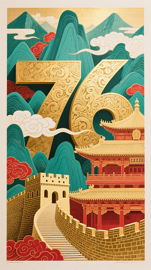 国潮风插画，鎏金大字“76”浮雕质感，融合长城、古建筑与青绿山水，彰显中式古典与喜庆奢华。