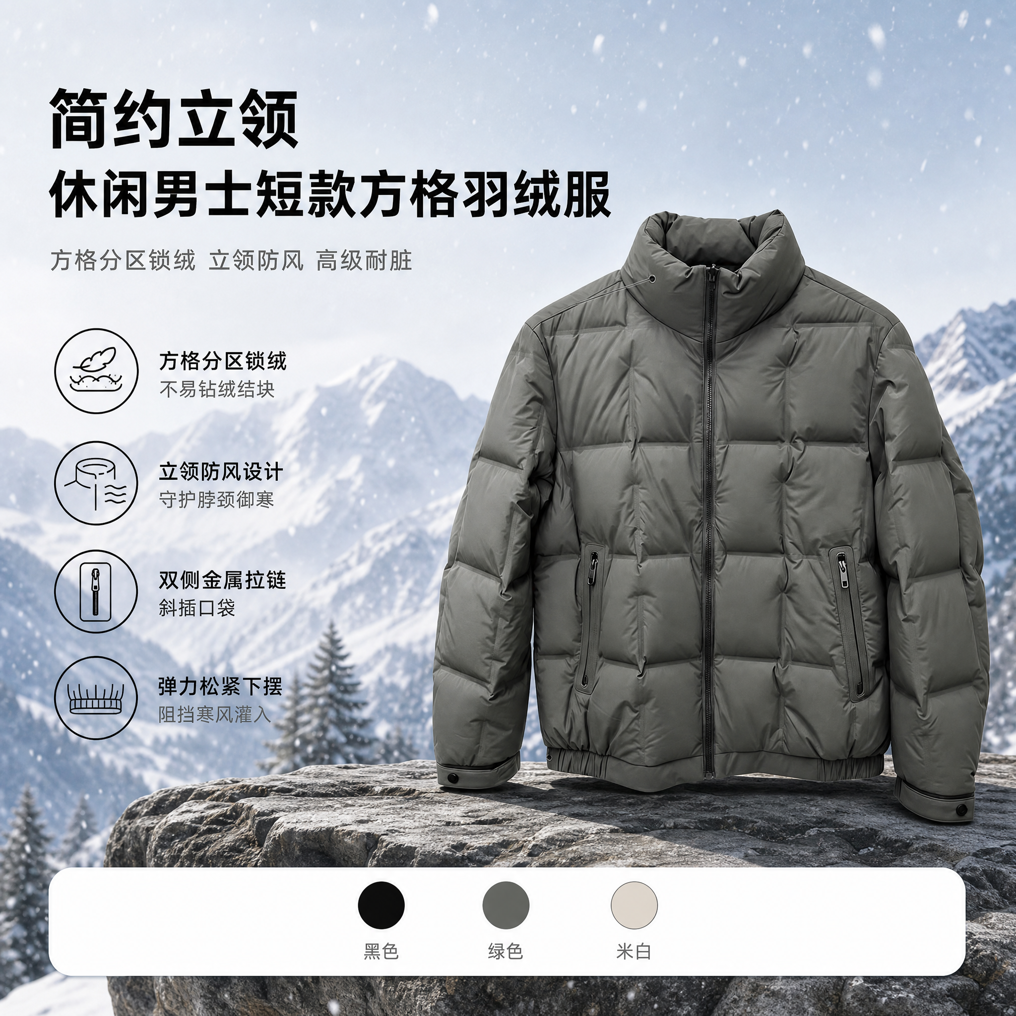 参考提供的参考图版面结构，重新生成男士方格羽绒服电商主图。版面… - 图片创意预览