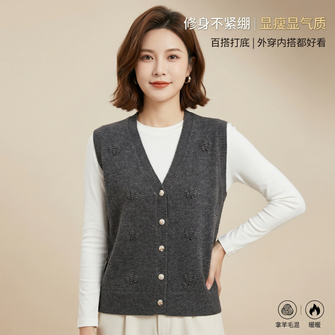 生成抖音商品主图，参考提供的灰色针织马甲开衫款式，模特内搭白色长袖，突出修身显瘦效果，添加文字“修身不紧绷｜显瘦显气质 百搭打底｜外穿内搭都好看”，适合电商推广。预览效果