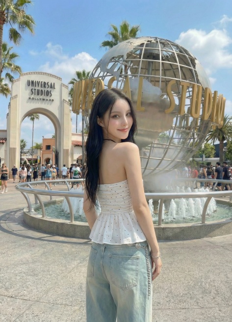 保持模特和服饰不变，背景为环球影城，生成背面回头看向镜头的姿势图片预览效果