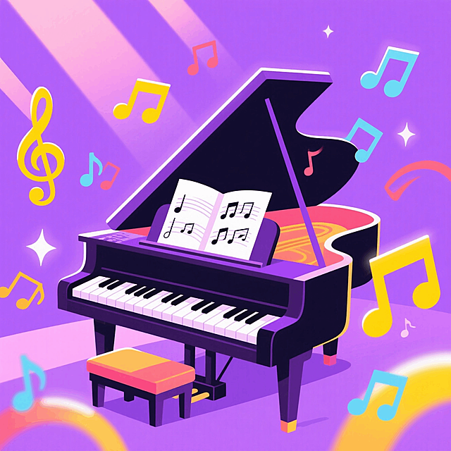 一台钢琴，上面摆放着乐谱，周围有几个音乐符号进行装饰，撞色，紫色背景