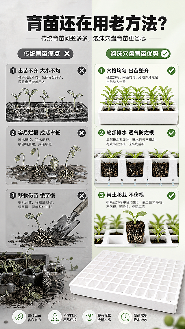 [商品] 使用【图3】【图4】泡沫育苗盘；保留白色泡沫材质、方形穴格、底部排水孔结构与比例；修复轻微瑕疵，增强质感。
[画面] 目标：痛点对比页，展示传统育苗痛点与泡沫穴盘育苗优势。构图：左右分栏对比，左侧痛点区（灰暗色调），右侧解决区（明亮色调）；产品在右侧占画面40%；阅读动线从左到右再向下。前中后景：左侧手绘/图标化传统育苗散乱场景，右侧整齐穴盘育苗场景。场景：对比式信息图风格，左暗右亮。
[视觉] 套系策略：风格=国内电商农资工业风，干净专业；标题字=粗黑体，厚重有力；正文字=常规黑体，清晰易读；主色=白色+浅灰绿；背景延展=左半区灰调、右半区浅灰绿渐变，底部浅灰地面；强调色=深绿色，仅用于小面积图标、引线、标签；标题色=深炭灰；正文色=中灰；组件=左右对比分割线、对号叉号图标、痛点标签卡；光影=右侧柔光突出产品，左侧偏暗。
[文字] 顶部大标题「育苗还在用老方法？」，左侧3个痛点：「出苗不齐 大小不均」「容易烂根 成活率低」「移栽伤苗 缓苗慢」配叉号；右侧3个优势：「穴格均匀 出苗整齐」「底部排水 透气防烂根」「带土移栽 不伤根」配对号；文字横向排版，左右分区清晰。
[规格] 图片比例9:16竖版，4K分辨率，负向提示：避免变形、错字、文字过小、产品结构改变、夸张恐吓式痛点、低俗画面。