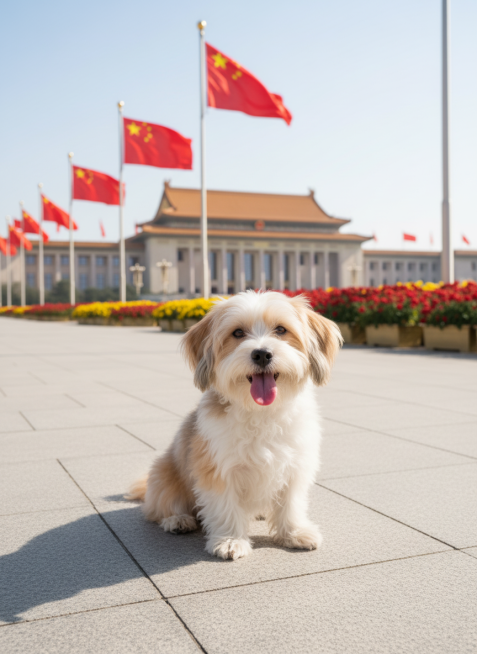 主角是图片中的这只狗，白天，在人民大会堂前，小狗坐在地上，没有地毯，背景有国庆氛围但不要有字。生成的图片中的狗尽可能和原图中的狗保持一致，这只狗可以表现的开心些。预览效果