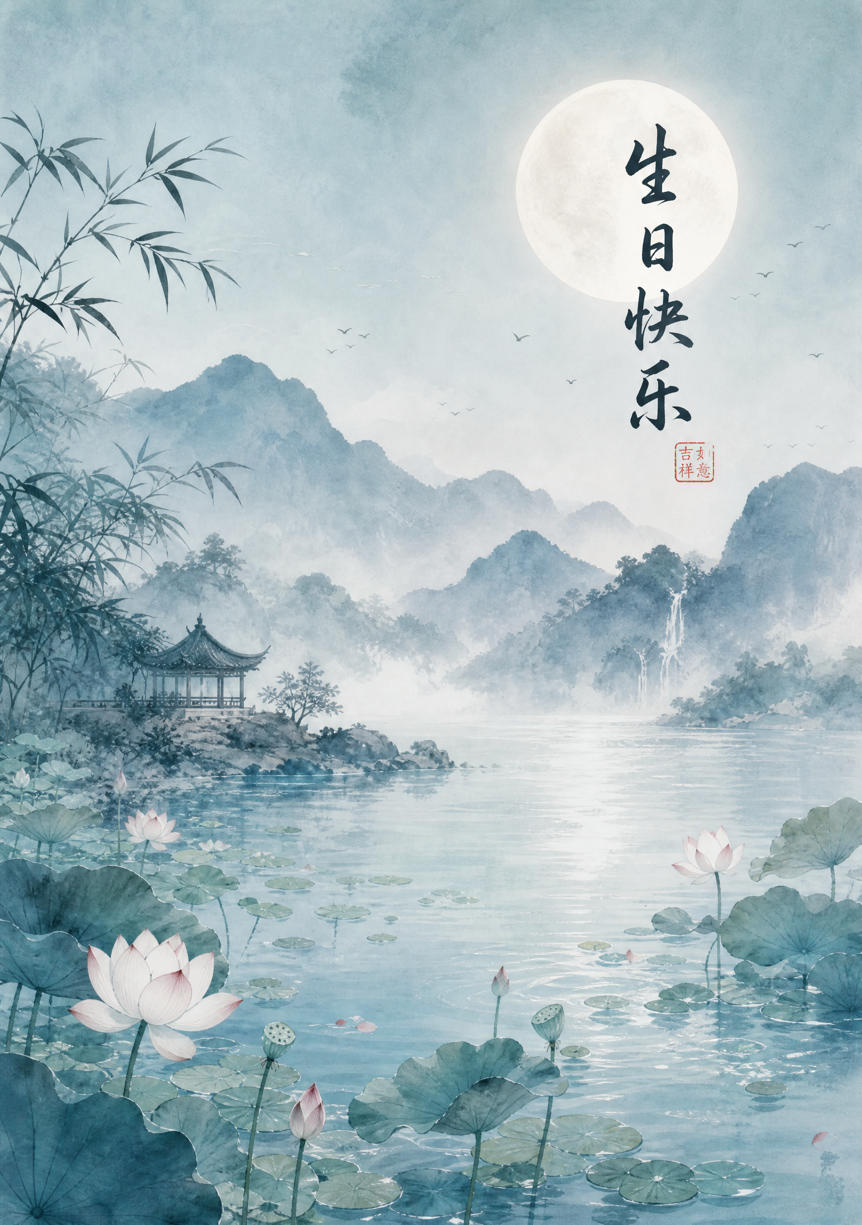 8月清凉生日贺卡，山水水墨风格，淡青色和灰蓝色调，远山如黛，近… - 图片创意预览