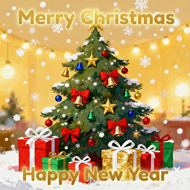 在你上面生成的图片上面加上英文的圣诞节快乐和新年快乐