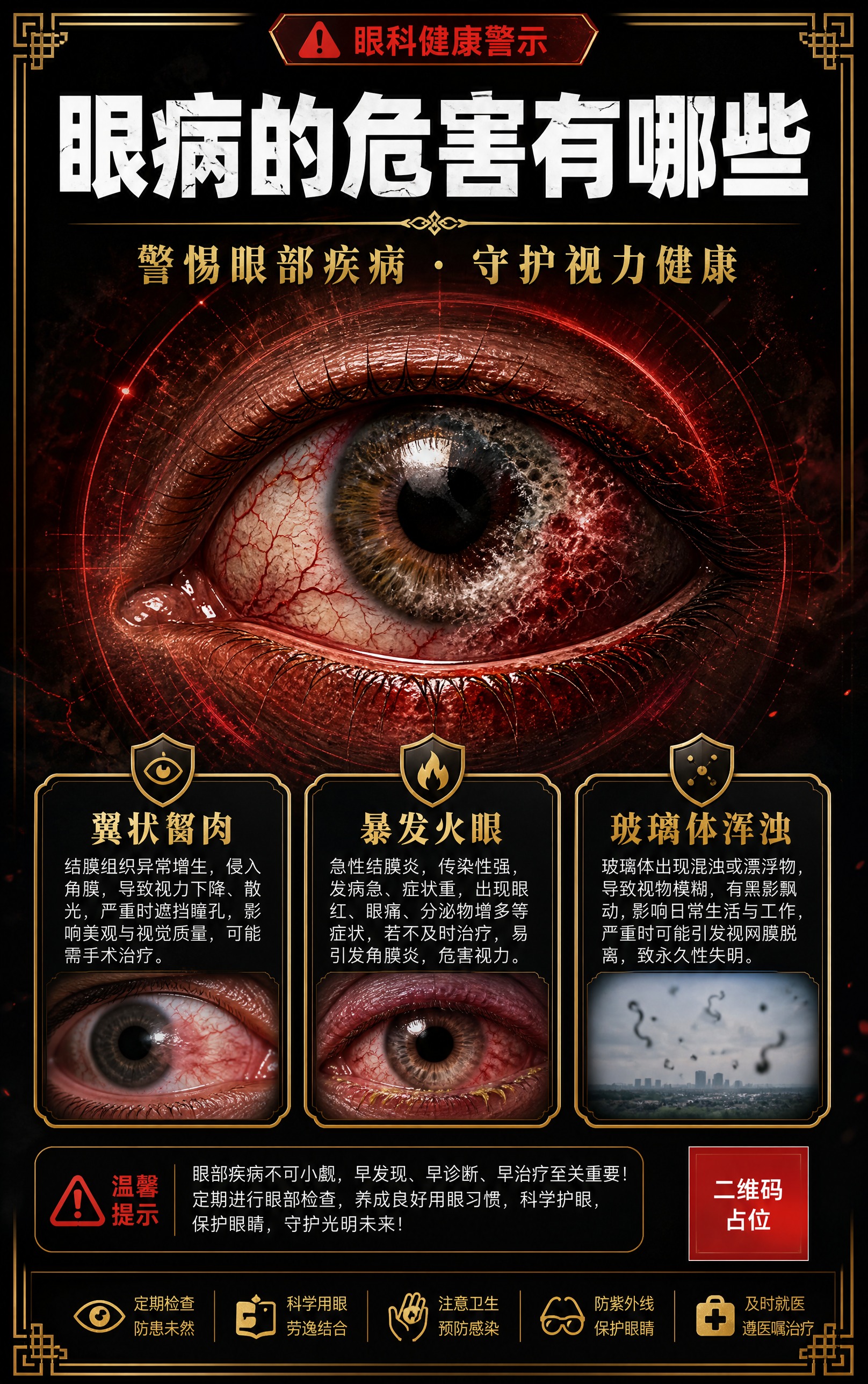 一张正式高级的眼病健康警示海报，竖版构图，具有强烈的警示感和危… - 图片创意预览