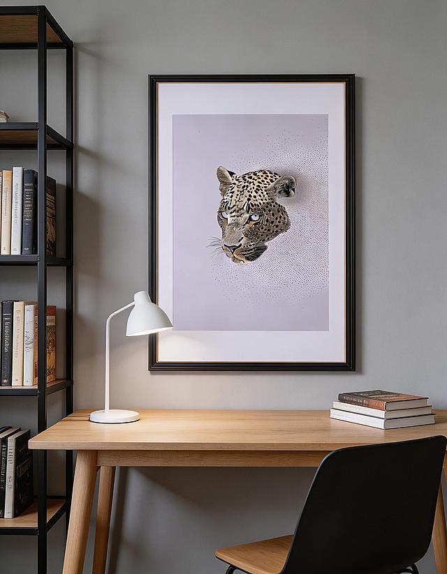 将这张猎豹装饰画挂在现代简约书房的墙面上，保持画框大小、画面色彩内容和清晰度完全不变，画面光影自然，风格简洁大气