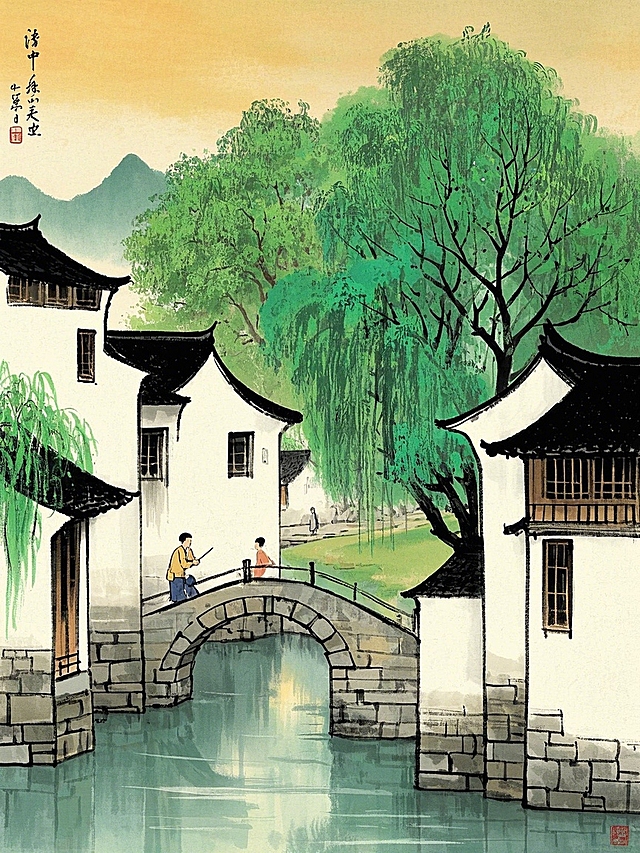 滴墨画，小桥流水，人家绿树，大面积留白，典雅，低饱和色，水墨风
