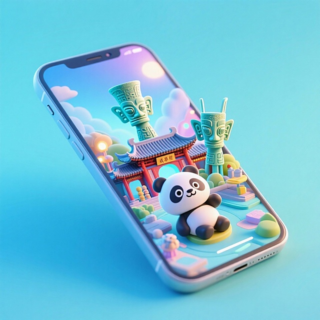一个手机创意微缩场景，手机平放，侧面对着观众，手机俯视角度，立体的成都景观从屏幕内出来，有熊猫，三星堆，武侯祠，整体色调立体魔幻。青色背景。具有梦幻感,打光营造出柔和氛围强调梦幻和未来感的美学。