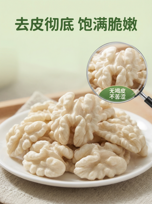 [工艺细节页] 去皮效果展示
[氛围风格] 清晰直观，突出工艺优势
[画面元素] 商业摄影质感，光线柔和通透，产品清晰真实，画面干净高级。主图展示一整盘去皮后的鲜湿核桃仁，右上角添加放大浮窗，特写展示预览效果