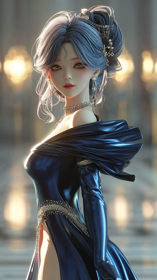 masterpiece, best quality, 8k, ultra-detailed, CG anime girl, full body shot, slender figure, dark blue satin mermaid dress, boat neck, diamond waist belt, black low bun with diamond hairpins, front soft light creating 3D effect, clear satin folds, silver diamond-embellished high-heeled sandals, luxurious ballroom background, detailed face (refer to face reference), elegant charming temperament, delicate skin