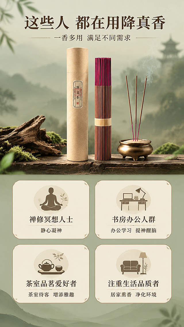[商品] 使用【图1】牛皮纸筒包装、【图2】线香捆装；保留产品外观不变；本页展示适用人群。
[画面] 第11张 适用人群 谁适合用降真香；目标明确目标用户，增强代入感；上下结构，上半部分占40%主标题和产品展示——牛皮纸筒和线香摆放在木质台面上，苔藓装饰；下半部分占60%四个人群卡片2x2排列：第一行左'禅修冥想人士'配打坐剪影图标，右'书房办公人群'配书桌图标；第二行左'茶室品茗爱好者'配茶具图标，右'注重生活品质者'配家居图标；每张卡片米白底浅棕描边圆角。
[视觉] 套系策略：风格=新中式禅意美学商业摄影；标题字=宋体加粗；正文字=宋体常规；主色=豆绿色浅灰绿；背景延展=基于豆绿色做深浅渐变、同色系层次过渡、朦胧雾感；强调色=枯木棕，仅用于小面积图标引线标签；标题色=深褐色；正文色=浅褐色；组件=圆角米白底浅棕描边信息卡、细引线、木质标签牌；光影=上方柔和漫射光 均匀明亮。
[文字] 顶部主标题'这些人 都在用降真香'，副标题'一香多用 满足不同需求'；四张卡片各有标题和简短说明，如'禅修冥想 静心凝神''办公学习 提神醒脑''茶室待客 增添雅趣''居家熏香 净化环境'；全部横排。
[规格] 比例9:16竖版，2K分辨率，medium质量；禁止变形错字模糊水印平台Logo，禁止修改产品外观，禁止冷蓝冷灰主色。