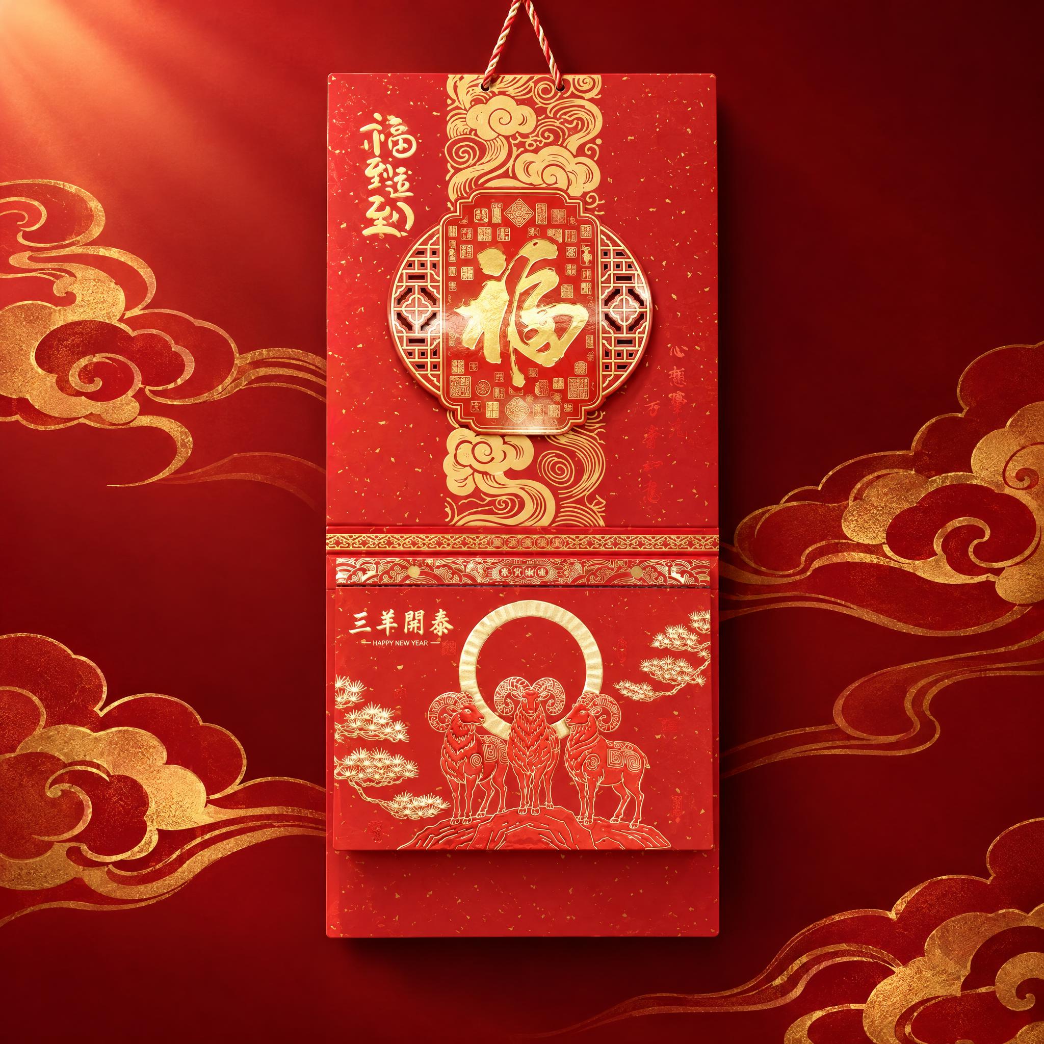 深红色渐变背景搭配金色祥云纹理，与主图风格一致的国潮喜庆氛围。… - 图片创意预览