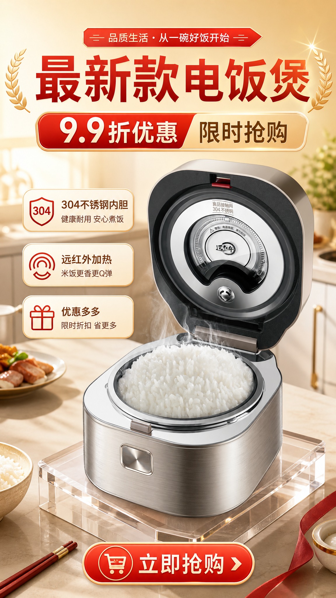 电商商品营销海报，9:16竖版，生活展台型促销风格，厨房温馨感… - 图片创意预览