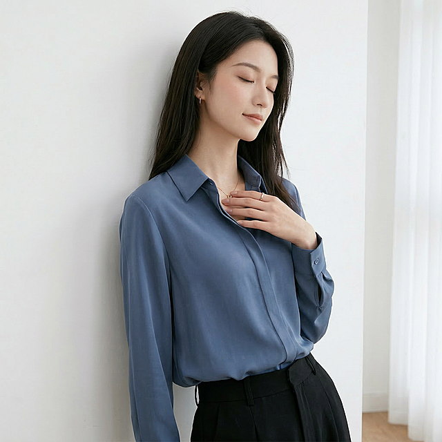 提取并生成下方中间第五张蓝色衬衫女装图，保留原图内容，保持清晰画质