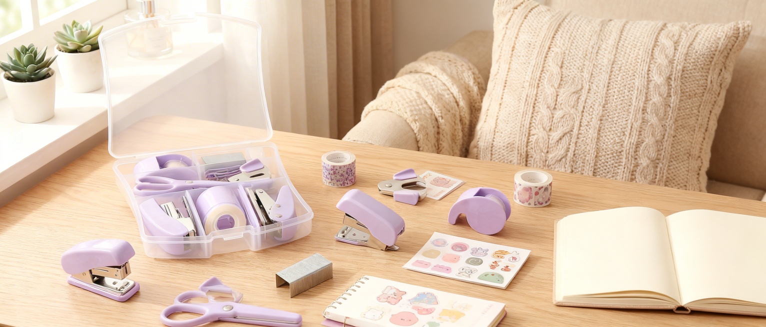 将紫色文具套装放在画面最左侧，更换为ins风手作桌面场景，搭配胶带、贴纸、手账本，调整图片尺寸为1464*625像素预览效果