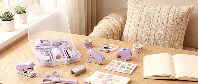 将紫色文具套装放在画面最左侧，更换为ins风手作桌面场景，搭配胶带、贴纸、手账本，调整图片尺寸为1464*625像素