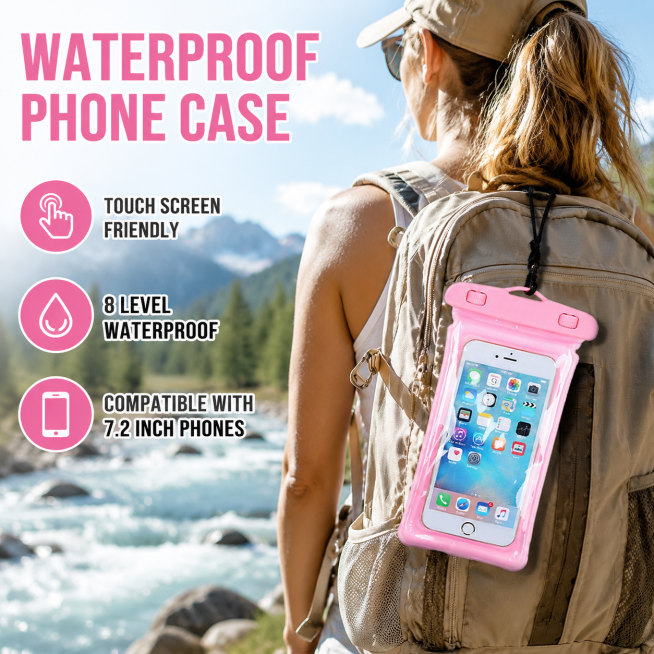 pink waterproof phone pouch hanging on a backpack, outdoor hiking by a river, product display, text:预览效果