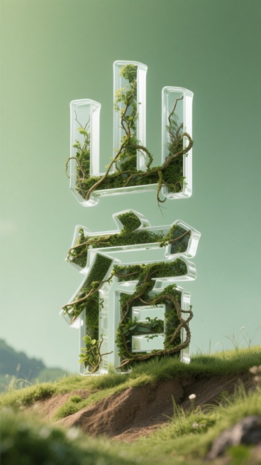 中央是字体设计“山宿”，立体透明，字体内部填充自然植物纹理，模拟生长中的藤蔓形态，干净绿色背景，底部是草地和土坡，近景虚焦，写实风格预览效果