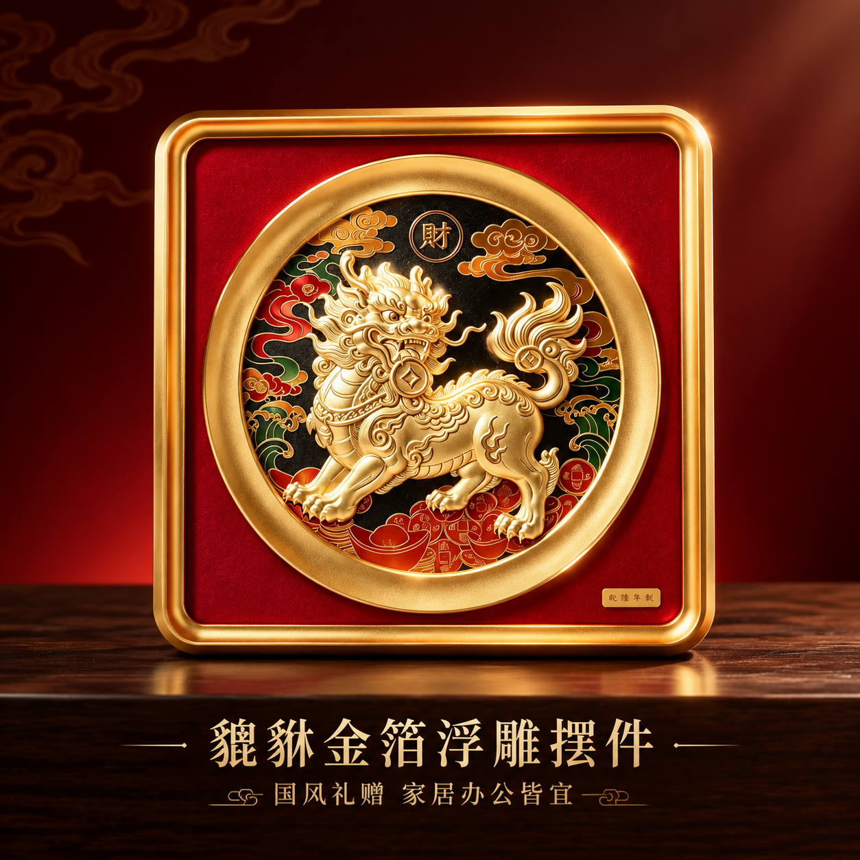 复古国风貔貅金箔浮雕摆件主图首图。方形红底金框貔貅金箔浮雕摆件… - 图片创意预览