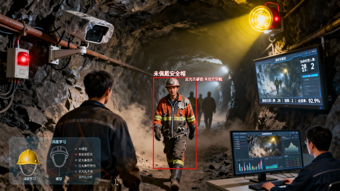 画面以煤矿井下主运输巷道为背景，呈现昏暗、粉尘悬浮的典型工业环境。粗糙的岩壁在矿灯光束下显现，多名矿工正从工作面方向走来。

前景中，两名矿工存在违规行为：一人未佩戴安全帽；另一人虽戴安全帽，但其反光预览效果