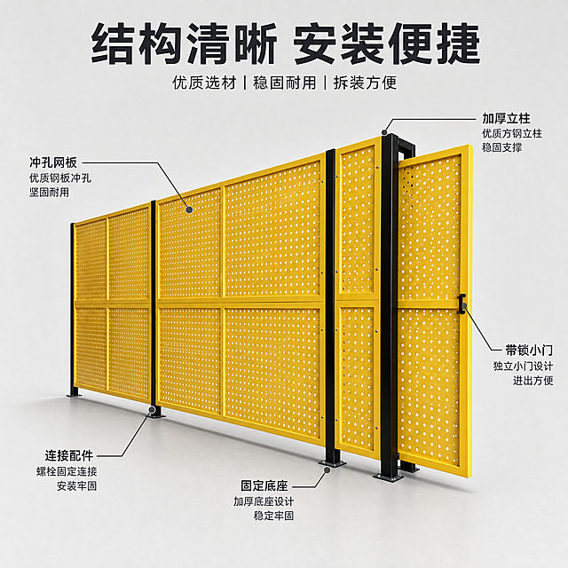[主图-5] 车间围挡规格结构展示图，清晰展示产品结构组成和安装方式。
[统一基调] 工业风简洁背景，明亮干净，文字简洁醒目，主标题粗体大字，辅助文字缩小，整体专业稳重，不出现价格、手机号、促销信息。
[画面] 黄色冲孔网车间围挡完整展示在浅灰色简洁背景中，围挡呈45度角放置，结构清晰可见。画面用标注线指向围挡的各个组成部分：冲孔网板、黑色立柱、连接配件、小门、底座。围挡底部有真实投影。整体画面干净，重点突出产品结构和各部件名称。
[光影质感] 柔和均匀的商业摄影光线，产品立体感强，金属质感真实，冲孔网清晰，黄色漆面干净均匀，阴影柔和自然。
[配色] 背景浅灰色，围挡黄色和黑色，标注线和文字用深灰色，整体简洁专业。
[文字版式] 顶部放置主标题"结构清晰 安装便捷"，粗体大字；各部件用细标注线引出，旁边标注部件名称，如"冲孔网板""加厚立柱""带锁小门""固定底座"，文字清晰，排列整齐不拥挤。
[输出要求] 1:1正方形，2048px，产品清晰完整，标注清晰可读，无变形、无错字、无水印、无平台Logo、无价格、无手机号。