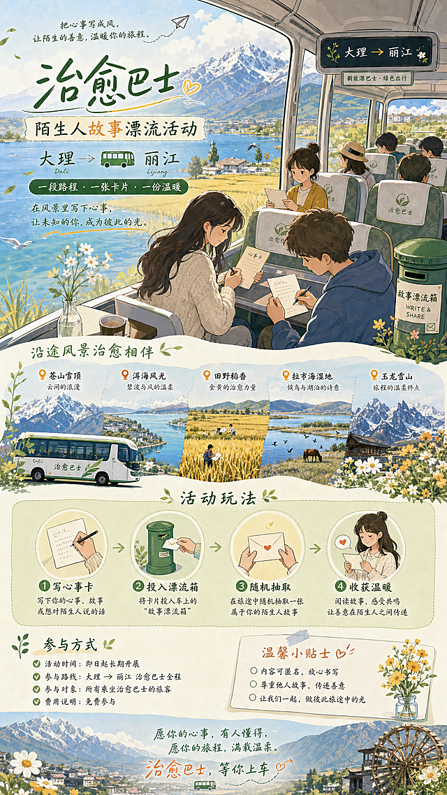 参考提供图片的治愈清新手绘插画风格，生成一张横屏微信公众号长图，展示大理到丽江的"治愈巴士"陌生人故事漂流活动。画面包含行驶在沿途风景中的新能源大巴车内，游客们正在书写心事卡，车窗外能看到苍山顶积雪、金黄稻田、湖泊等大理丽江风光，画面排版包含全部文案内容，整体风格温暖治愈，色调清新明快，适合公众号推送阅读。