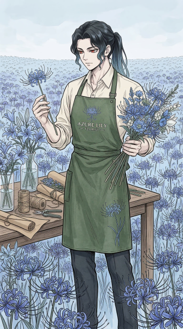 保持原稿日系漫画线稿上色风格，生成鬼舞辻无惨形象的花店服务员，更换为全新服装和不同动作，背景设置为蓝色彼岸花花海，保留花店服务员设定预览效果