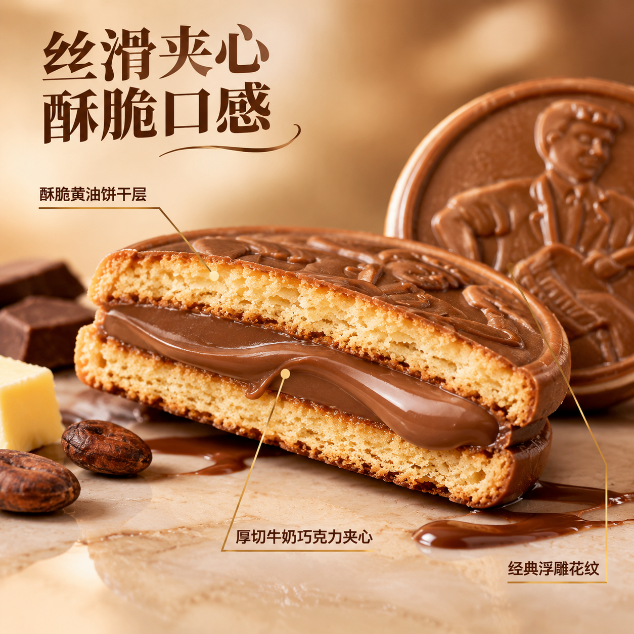 [主图-3] 细节与成分图，核心任务是微距展示巧克力夹心饼干的… - 图片创意预览