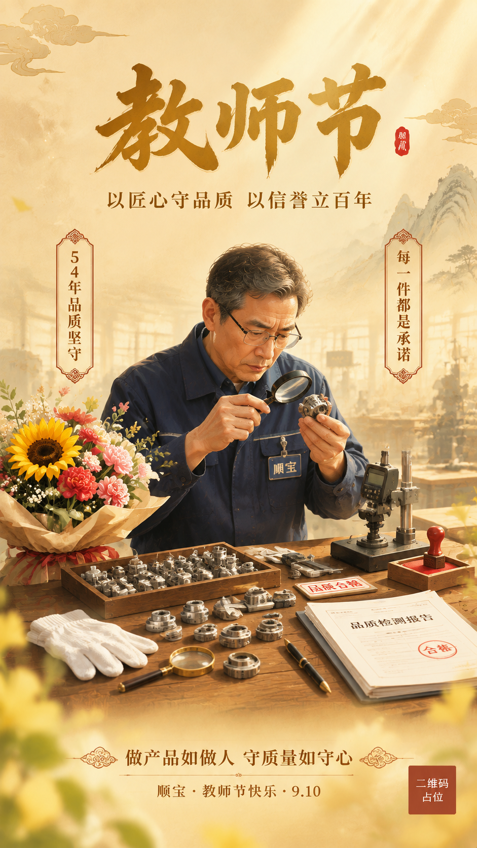 基于参考图的暖金国风工笔风格与竖版构图，将人物与场景替换为老师… - 图片创意预览
