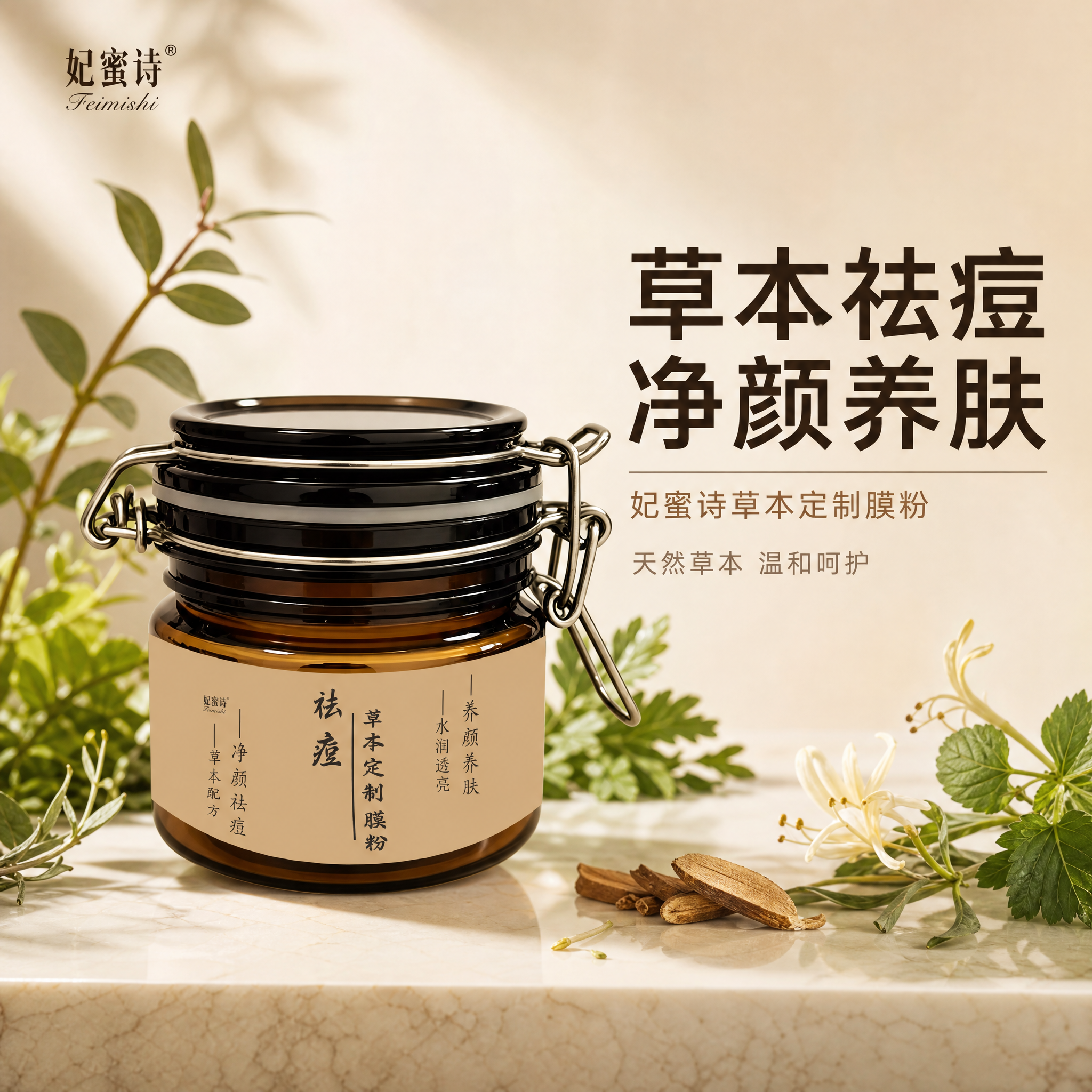 [主图-1] 首图品牌调性，突出妃蜜诗草本祛痘定制膜粉的天然植… - 图片创意预览