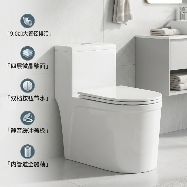 [主图 2] 马桶核心卖点展示图，融入浅色系卫生间真实场景。[氛围风格] 干净简洁，功能清晰，明亮通透；[画质] 商业摄影质感、光线柔和通透、产品清晰真实、画面干净高级。[元素] 马桶放置在浅色系明亮预览效果