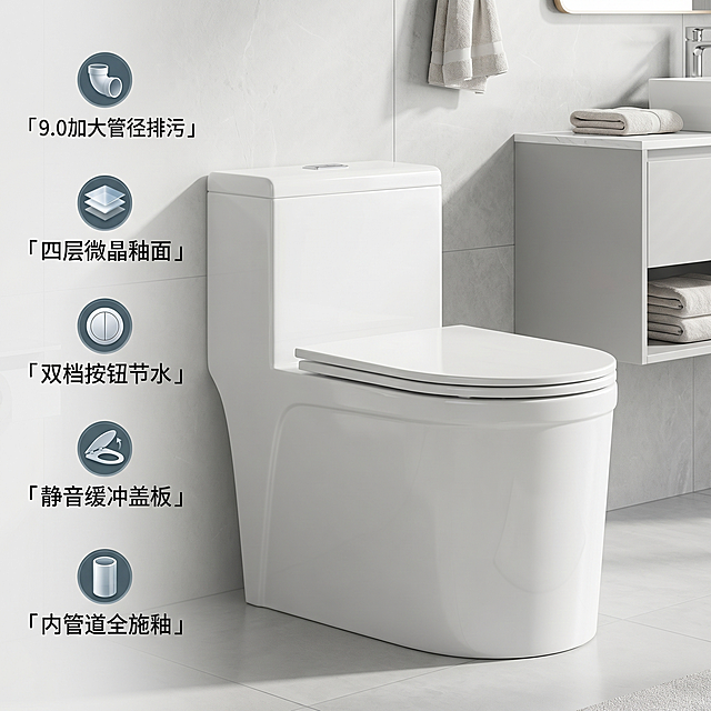 [主图 2] 马桶核心卖点展示图，融入浅色系卫生间真实场景。[氛围风格] 干净简洁，功能清晰，明亮通透；[画质] 商业摄影质感、光线柔和通透、产品清晰真实、画面干净高级。[元素] 马桶放置在浅色系明亮卫生间中央，保持马桶外观（物理结构、材质质感、颜色）与输入产品图绝对一致，杜绝变形色差。每个核心卖点配精致微立体小图标，文字信息清晰不遮挡产品。商品主体占比 60%-80%，画面满屏无边框。[光影] 明亮均匀自然光，整体干净通透，阴影柔和有层次。[配色] 浅灰白为主色调，搭配浅蓝点缀，干净清爽。[视角构图] 平视视角，产品主体完整，景深适中。[文字版式] 左侧垂直排列五个核心卖点，每个卖点配小图标：1 「9.0加大管径排污」2「四层微晶釉面」3「双档按钮节水」4「静音缓冲盖板」5「内管道全施釉」。文字深灰色与浅色背景对比清晰，层级分明，主卖点字重更大。右侧展示完整马桶产品及卫生间场景。[比例分辨率] 1:1 比例，2k 分辨率；文字清晰锐利，画面超高清。[负向提示词] 变形，水印，文字错乱，产品图模糊，背景杂乱，文字遮挡主体
