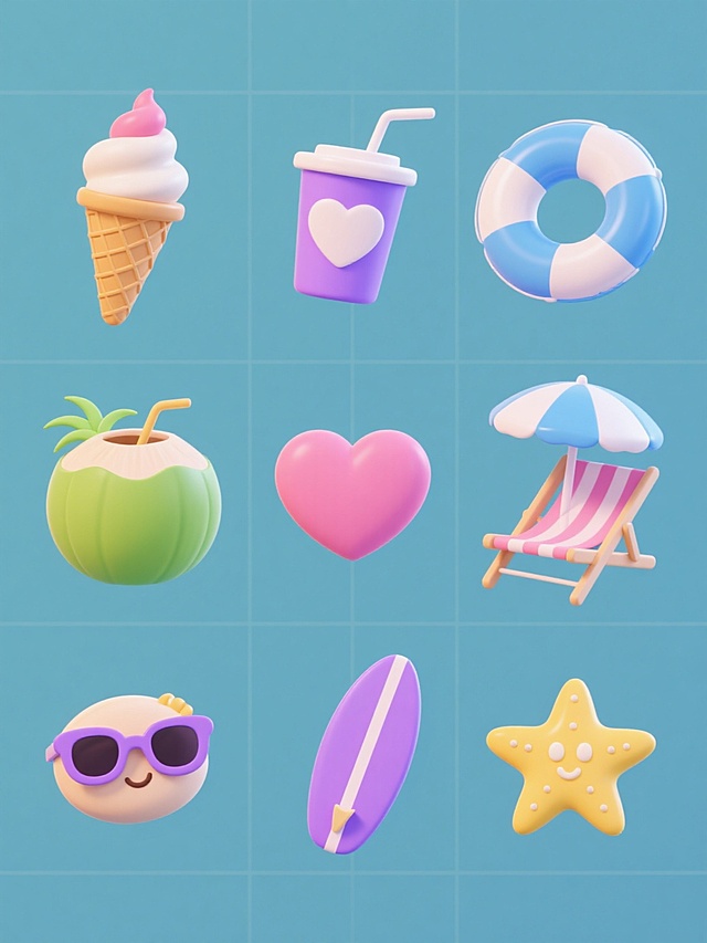 一系列夏日主题3D卡通风格图标，包含冰淇淋蛋筒、带吸管的紫色杯子、蓝色爱心游泳圈、绿色椰子杯、带遮阳伞的沙滩椅场景、粉色心形太阳镜、紫色冲浪板和黄色海星等元素，采用同一套明亮活泼的配色方案，每个元素具有不同的造型和角度，所有图标在纯色背景上呈规整网格排布，保持圆润可爱的3D质感、柔和的光影效果和夏日轻松愉快的氛围。