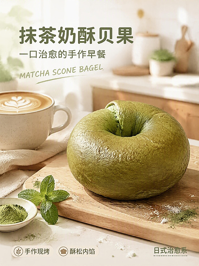 [第1张] 详情页头图-抹茶奶酥贝果早餐场景主视觉海报。本张使用【图1】作为商品主体，保持贝果环形结构、抹茶绿色泽、表面纹理与原图一致。
[氛围/风格] 治愈日系风，高调明亮，暖绿色调，美食商业摄影质感，充满手作温度与早餐幸福感。
[元素布局] 抹茶奶酥贝果置于画面中央偏右，占比约60%，放在浅原木色砧板上；左侧搭配一杯热拿铁（带奶泡拉花）、几片新鲜薄荷叶、一小碟抹茶粉；背景是虚化的日式温馨厨房，白色瓷砖墙面、木质橱柜、窗边自然光透入；前景散落少量糖粉和抹茶粉颗粒。
[光影质感] 柔和自然窗边侧逆光，左上方主光，右下自然投影，贝果表面呈现温润光泽，奶酥部分油润透亮，整体画面干净通透。
[配色色系] 全局底色 #F5F1E8（米白暖调）；主色 #8FB88A（暖抹茶绿）；辅助色 #D4A574（原木棕）、#FFFFFF（奶白）。
[视角构图] 45°斜侧微俯视，景深适中，主体清晰，背景虚化，阅读动线左上标题 → 中央贝果 → 底部信息条。
[文字版式] 左上标题区 + 中央产品 + 底部信息条。主标题「抹茶奶酥贝果」，副标题「一口治愈的手作早餐」，温润圆角黑体，字色深抹茶绿；标题下方手写体英文装饰「MATCHA SCONE BAGEL」；底部左侧卖点标签「手作现烤」「酥松内馅」，右下角小字「日式治愈系」；文字不遮挡贝果主体。
[比例分辨率] 3:4 竖版比例，4K 分辨率，文字清晰可辨，高清画质。
[负向提示词] 贝果变形，颜色偏差，缺件错件，水印，文字错乱，产品模糊，背景杂乱，暗部死黑。