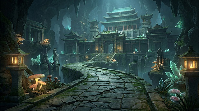 盗墓笔记风格的纯场景图，不要有人物，一条石头小路延伸远方，远处是一座中国古代的地下宫殿，游戏cg风格