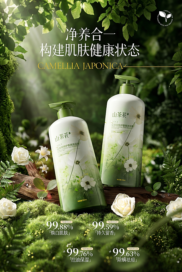 参考图片风格，重新生成山茶花沐浴露电商竖版宣传海报，保留原海报文字排版和产品构图，整体采用自然绿色森林风格，深绿色背景搭配清新的植物元素，突出产品自然护肤的卖点