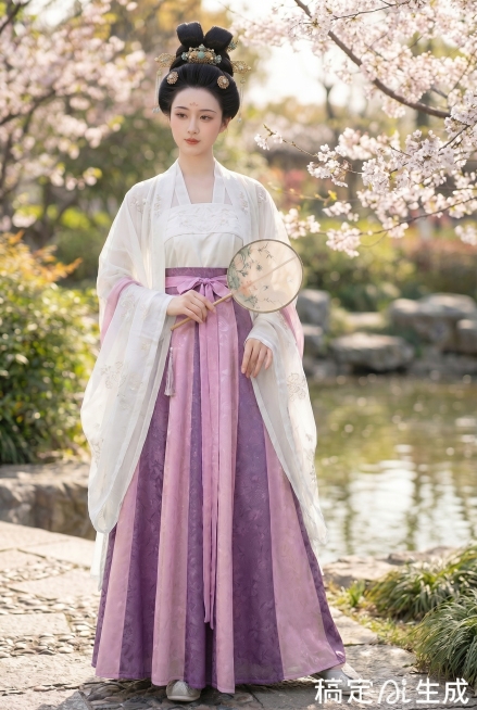 保留原图整体构图、人物姿态和明媚春日园林背景，将模特身上原有的蓝色汉服裙子替换为第二张图片里的紫粉色竖条纹提花长款半身裙，保留腰带设计，同时把粉色上衣和外层披肩换成白色，保持整体风格自然融合，画质清晰预览效果