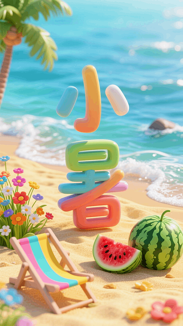 中央是字体设计“小暑”，画面中有元素海滩、小花、西瓜、沙滩躺椅，呈现夏日海边氛围