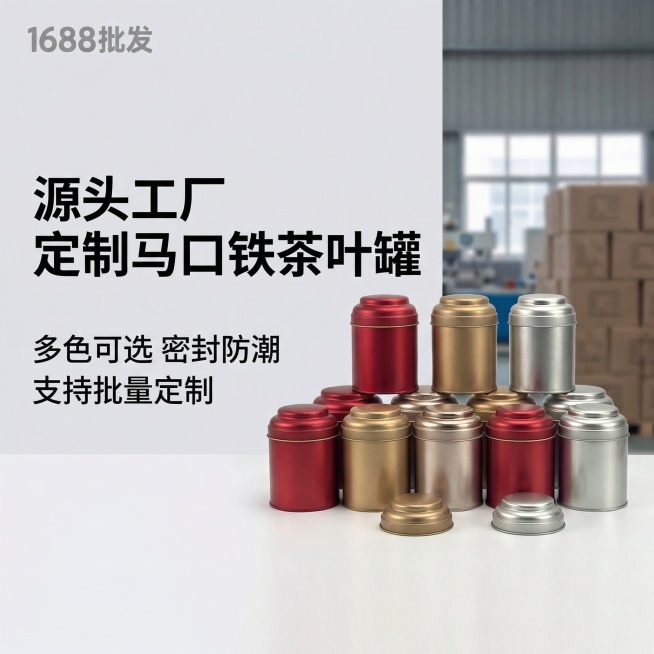 1688批发金属茶叶详情页首屏banner，展示多色金属茶叶罐整齐陈列，大标题“源头工厂 定制马口铁茶叶罐”，副标题“多色可选 密封防潮 支持批量定制”，左侧文字右侧产品构图，浅灰色商务背景，风格简约预览效果