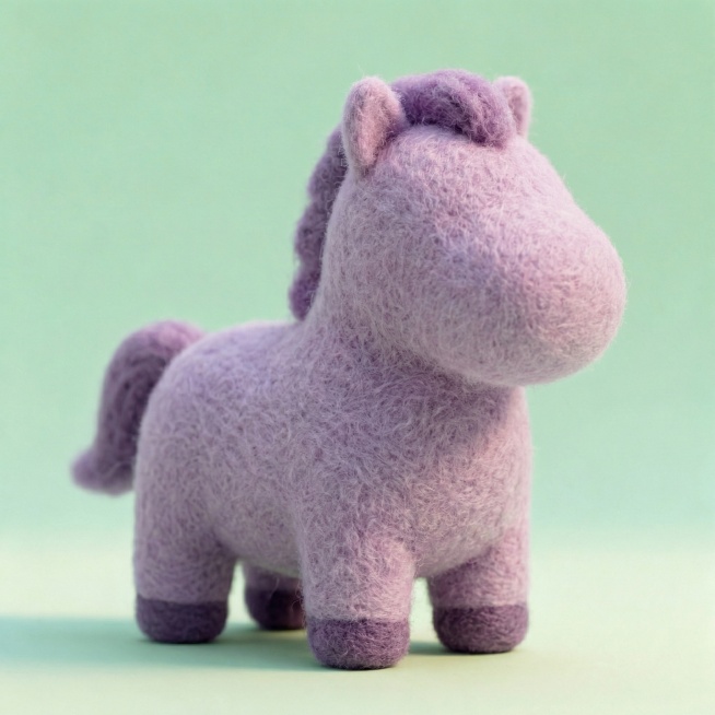 将这只紫色毛绒小马替换为毛毡材质，去除五官，保留马卡龙紫色和呆萌造型预览效果