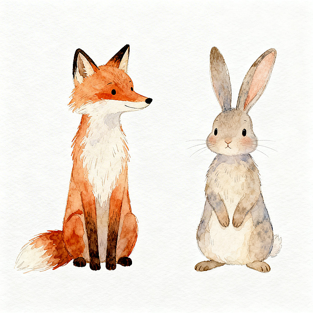 童话风格狐狸和兔子，两只动物独立分开，完整全身，纯白色无背景，非写实的卡通化设计，可爱夸张造型，柔和水彩童话质感，线条轻松灵动，色彩淡雅温馨，两只动物互不重叠，风格偏向插画不写实
