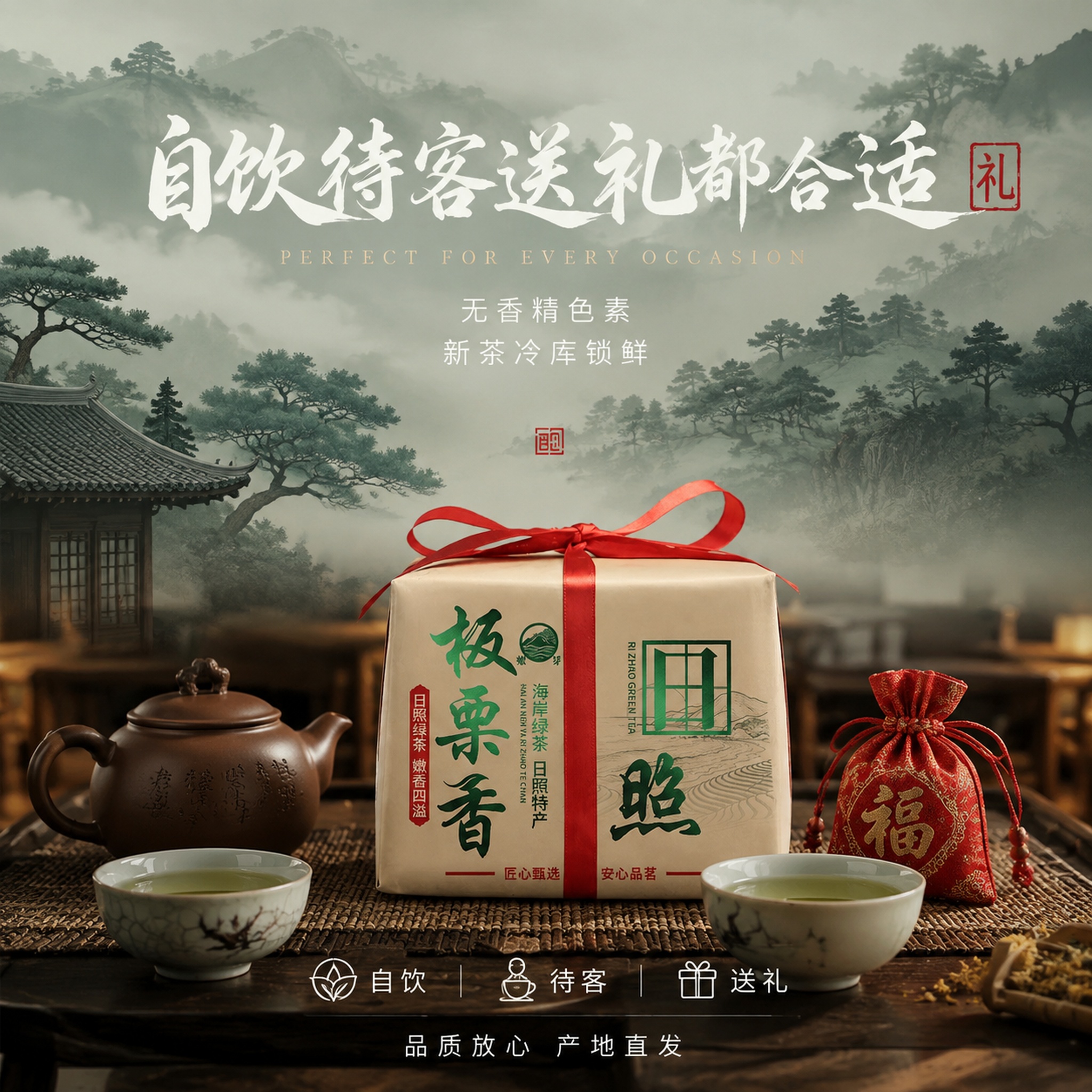 参考图风格：新中式国风 水墨意境 远山叠翠 大面积留白 书法大… - 图片创意预览