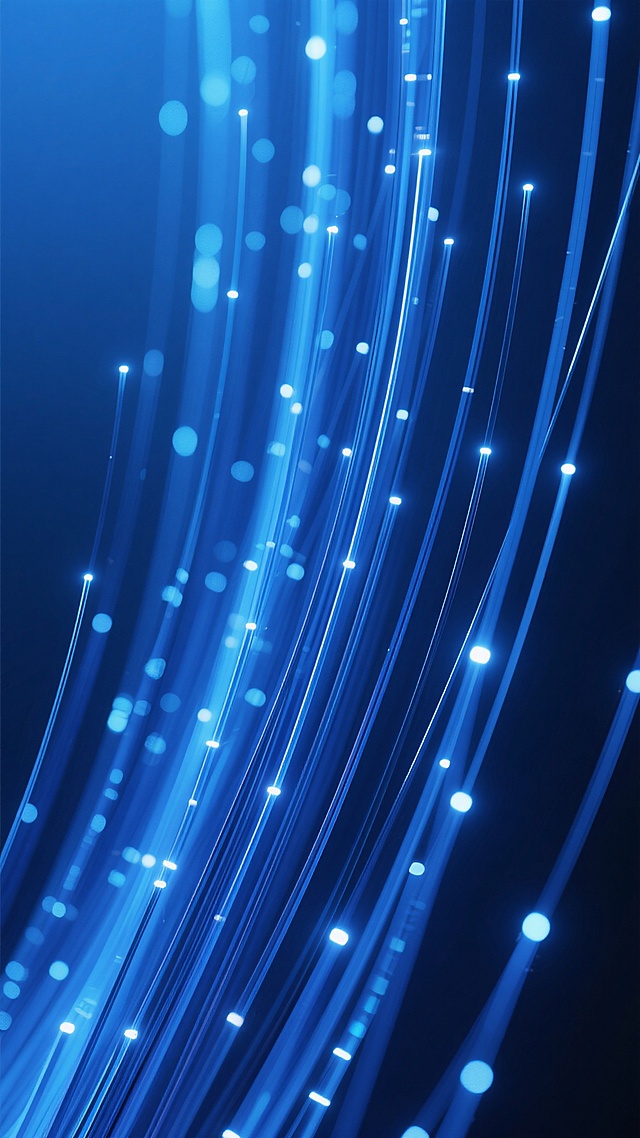 深蓝色渐变背景上，由无数垂直排列的细长光纤线条构成的抽象图案，光纤线条从深蓝到亮蓝渐变，部分线条带有明亮的高光，营造出科技感和未来感，线条疏密有致，整体呈现出流动而有序的视觉效果，现代简约风格，适合科技主题的背景设计。