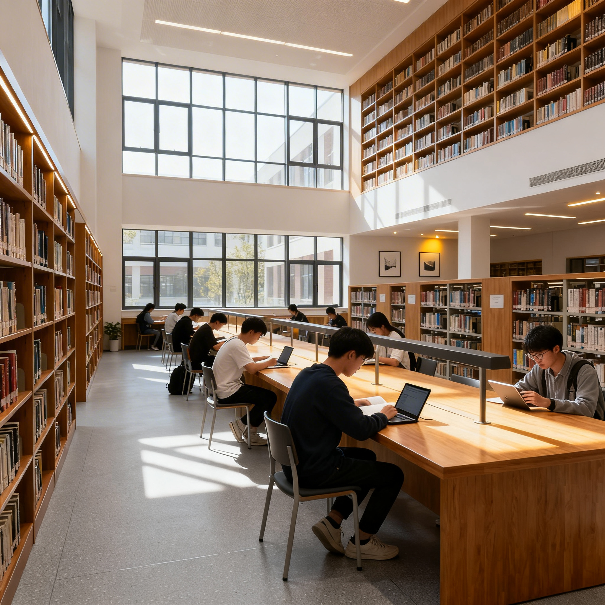 现代化职业院校图书馆内景，高大书架林立，宽敞明亮阅读区，年轻学… - 图片创意预览