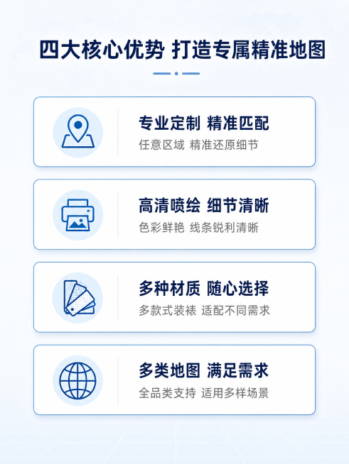 [第2屏] 核心卖点总览，定制地图服务四大优势展示。
[氛围/风格] 专业干净简约设计风，浅蓝背景，清晰明亮，商务设计质感，信息层级分明。
[元素布局] 页面顶部放置标题，下方分四个卡片区域展示四大卖预览效果