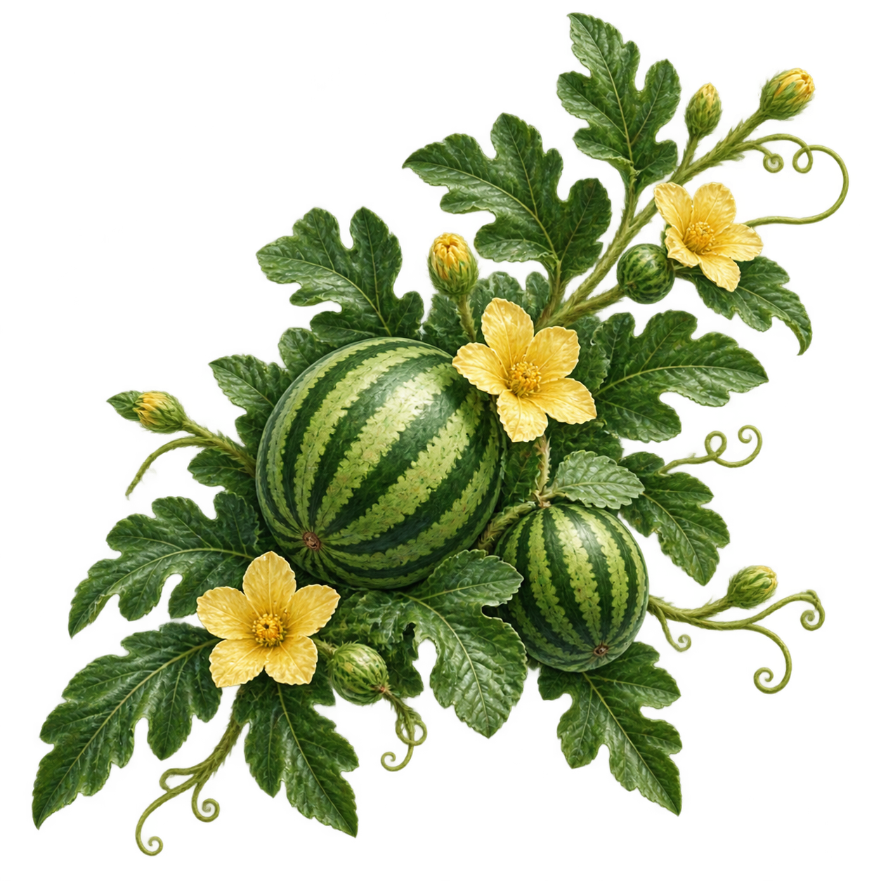 参考图中茉莉花的写实手绘插画风格，生成一小束西瓜藤蔓果实素材，… - 图片创意预览