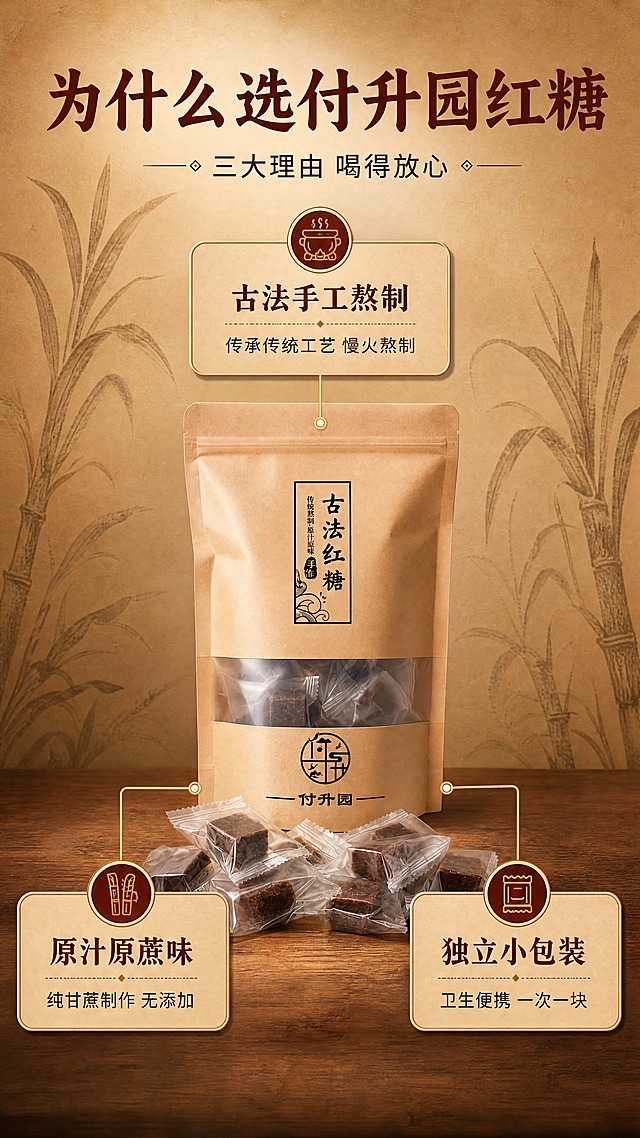 [商品] 使用【图1】付升园古法红糖牛皮纸包装袋；保留包装外观、标签文字、Logo与颜色；产品位于画面中心作为视觉锚点。
[画面] 目标：3大核心理由卖点拆解，中心引线式呈现。构图：中心产品+四周引线卖点，产品占画面约45%。主体位置：画面正中央竖立放置牛皮纸红糖袋；从产品上、左、右三个方向引出三条细线，分别连接三个圆角信息卡。背景：暖棕色渐变底，上部略浅下部略深，带淡淡的甘蔗纹理暗纹。三个卖点卡呈三角形分布：上方一个，左下一个，右下一个。
[视觉] 套系策略：风格=中式暖调烟火气商业摄影；标题字=宋体加粗带书法气质的衬线体；正文字=简洁无衬线中黑体；主色=牛皮纸棕+红糖焦红；背景延展=基于暖棕与焦红做深浅层级、同色渐变和细腻木纹/纸张质感；强调色=暖金色，仅用于小面积图标、引线和标签点缀；标题色=深棕红；正文色=暖深灰；组件=圆角浅棕信息卡、细线引线、中式印章式标签；光影=左前侧暖柔光，右侧补光，整体暖色调。
[文字] 顶部大标题"为什么选付升园红糖"，副标题"三大理由 喝得放心"；上方卖点卡："古法手工熬制"+小字说明"传承传统工艺 慢火熬制"；左下方卖点卡："原汁原蔗味"+小字说明"纯甘蔗制作 无添加"；右下方卖点卡："独立小包装"+小字说明"卫生便携 一次一块"；所有文字横向排版，信息卡内文字清晰可读。
[规格] 图片比例9:16竖版，4K，负向提示：避免变形、错字、文字过小、冷蓝/蓝灰背景、包装文字错乱、极限词、虚假医疗承诺。