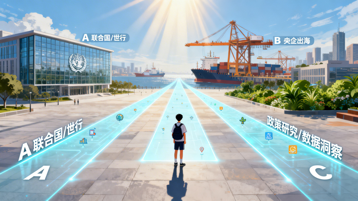 一幅现代插画风格的“人生导航图”：一位学生站在城市广场中央，面前三条发光路径延伸向远方。路径A通往玻璃幕墙的国际组织大楼（标“联合国/世行”）；路径B通向港口与巨型工程吊塔（标“央企出海”）；路径C通预览效果